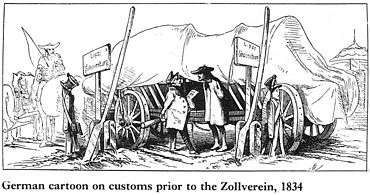 drawing of a wagon loaded with barrels, covered with a tarp, stuck between two border signs, the driver paying a fee to cross. Caption reads "German cartoon on customs prior to the Zollverein, 1834".