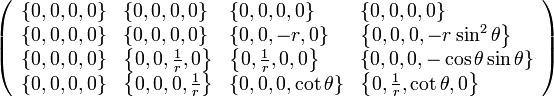 \left(
\begin{array}{llll}
 \left\{0,0,0,0\right\} & \left\{0,0,0,0\right\} & \{0,0,0,0\} & \{0,0,0,0\} \\
 \left\{0,0,0,0\right\} & \left\{0,0,0,0\right\} & \{0,0,-r,0\} & \left\{0,0,0,-r \sin ^2\theta
   \right\} \\
 \{0,0,0,0\} & \left\{0,0,\frac{1}{r},0\right\} & \left\{0,\frac{1}{r},0,0\right\} & \{0,0,0,-\cos \theta  \sin \theta \} \\
 \{0,0,0,0\} & \left\{0,0,0,\frac{1}{r}\right\} & \{0,0,0,\cot \theta \} & \left\{0,\frac{1}{r},\cot \theta ,0\right\}
\end{array}
\right)