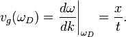 v_g(\omega_D)=\left. \frac{d\omega}{dk}\right|_{\omega_D}=\frac{x}{t}.