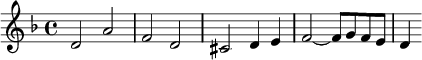 
 \relative c'' {
                \clef treble
                \key d \minor
                \time 4/4
                d,2 a' |
                f d |
                cis d4 e |
                f2~ f8 g f e |
                d4
        }
