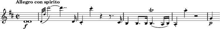 
\relative c' {
  \tempo "Allegro con spirito"
  \key d \major
  \time 2/2
  <<
    { d1\f | } \\
    { d1 | }
  >>
  \appoggiatura { d32[ d'] } d'2~ d4.. d,,16 |
  cis4-. cis''-. r r8. cis,,16 |
  b4 b8. b16 b4.\trill( a16 b) |
  a4-. a''-. r2 |
  g,4\p
}
