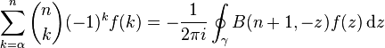 \sum_{k=\alpha}^n {n \choose k} (-1)^{k} f(k) = 
-\frac{1}{2\pi i}
\oint_\gamma B(n+1, -z) f(z)\, \mathrm{d}z