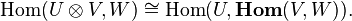 \mathrm{Hom}(U\otimes V, W) \cong \mathrm{Hom}(U,\mathbf{Hom}(V,W)).