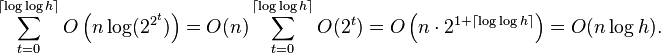  \sum_{t=0}^{\lceil \log\log h \rceil} O\left(n \log(2^{2^t})\right) = O(n) \sum_{t=0}^{\lceil \log\log h \rceil} O(2^t) = O\left(n \cdot 2^{1+\lceil \log\log h \rceil}\right) = O(n \log h).