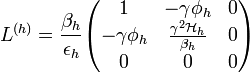 L^{(h)} = \frac{\beta_h}{\epsilon_h}\begin{pmatrix}
1 & -\gamma\phi_h & 0\\
-\gamma\phi_h & \frac{\gamma^2 {\mathcal H}_h}{\beta_h} & 0\\
0 & 0 & 0\end{pmatrix}