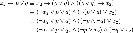 
\begin{align}
x_2 \leftrightarrow p \lor q &\equiv
x_2 \to (p \lor q) \land ((p \lor q) \to x_2) \\
&\equiv (\neg x_2 \lor p \lor q) \land (\neg(p \lor q) \lor x_2) \\
&\equiv (\neg x_2 \lor p \lor q) \land ((\neg p \land \neg q) \lor x_2) \\
&\equiv (\neg x_2 \lor p \lor q) \land (\neg p \lor x_2) \land (\neg q \lor x_2)
\end{align}
