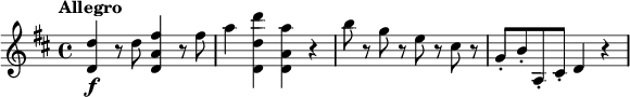 
\relative c'' {
  \tempo "Allegro"
  \key d \major
  <d d,>4\f r8 d <fis a, d,>4 r8 fis |
  a4 <d d, d,> <a a, d,> r |
  b8 r g r e r cis r |
  g8-. b-. a,-. cis-. d4 r |
}
