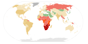 A map of the world where most of the land is colored green or yellow except for sub Saharan Africa which is colored red