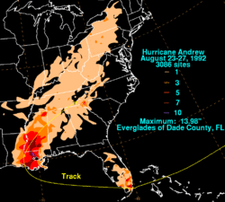 A map of the United States showing various rainfall totals by color code