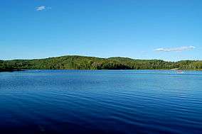 Picture of Arrowhead Lake in Arrowhead Provincial Park during the day, showing water, trees and a rowboat in the distance with three people on it.