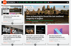 The Ars Technica logo is displayed in the top-left corner of the web page. Separated into two rows below the logo are several boxes, each of which contains an article's headline and image.