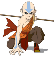 Aang kneeling in a battle pose, holding his staff behind him.