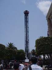 the central, metal laticework spire of the Batwing Spaceshot ride.