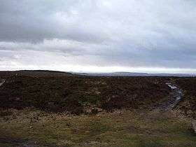 Dark coloured moorland stretching into the distance with grass in the foreground