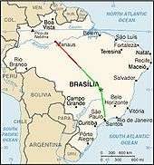 A map of Brazil with the approximate flight paths plotted on it in as red and green lines. The paths meet at the collision point, about halfway between Brasilia and Manaus.