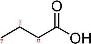 Skeletal formula of butyric acid with the alpha, beta, and gamma carbons marked