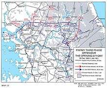 A map with multiple red arrows pressing against a blue line at the 38th parallel