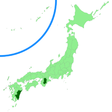 Map of Japan, with Nara and Miyazaki prefectures colored in dark green.