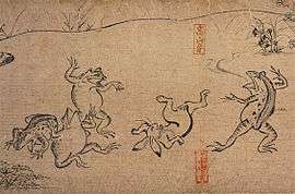 Four frogs and a rabbit in human form frolicking.
