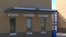 A The ticket window of Clay Gould Ballpark