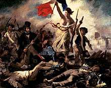 Eugène Delacroix painting La Liberté guidant le peuple, woman at barricades holding French flag and advancing
