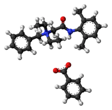 Ball-and-stick models of the both ions in denatonium benzoate