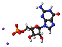 Ball-and-stick model of the component ions of disodium guanylate