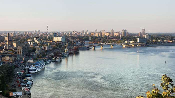 Panoramic view of Kiev riverfront, with boats and a bridge