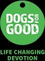 "DOGS FOR GOOD" in white, on a green circular background reminiscent of a dog's tag