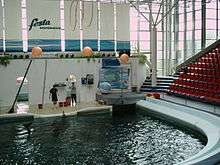 A dolphin interacts with two trainers on a stage at indoor pool; the audience stands are empty. Large windows allow light in.