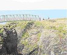 A narrow metal bridge crosses a steep gorge