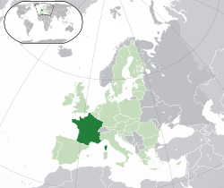 Location of  metropolitan France, the European part of France  (dark green)– in Europe  (green & dark grey)– in the European Union  (green)