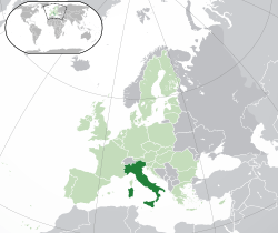 Location of  Italy  (dark green)– in Europe  (light green & dark grey)– in the European Union  (light green)  –  [Legend]