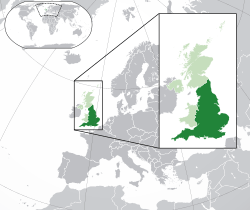 Location of  England  (dark green)– in Europe  (green & dark grey)– in the United Kingdom  (green)