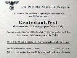 Thanksgiving 1940 evening invite by German consul in St. Gallen