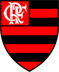 An escutcheon with horizontal red and black stripes, with a monogram of the letters CRF in its upper-left part