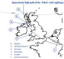 Map showing Central and Northern France and the Benelux states on the right and the British Isles on the left; an arc from Northern France swings clockwise across France, Southern England, Central Wales and Northern Ireland, ending over the Western Isles of Scotland. Six points at which the Patrie was sighted on its final unmanned flight are marked along the flight-path