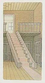 an illustration of an empty room featuring two floors connected by a carpeted stairway.