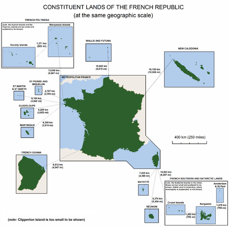 diagram of the overseas territories of France showing map shapes