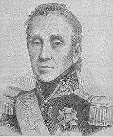 Black and white print of a thin-faced man with heavy eyelids in a dark military uniform with epualettes