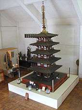 Wooden miniature five-storied pagoda with white walls.