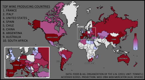 A colour-coded map of 2013 global wine production.