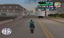 Gameplay screenshot of the player character driving a motorcycle through a busy city street.