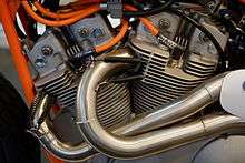 Close-up view of V-twin racing motorcycle engine
