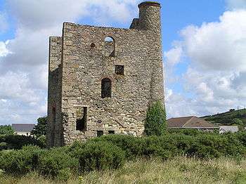 Ruined and overgrown stone building with a tall stone chimney