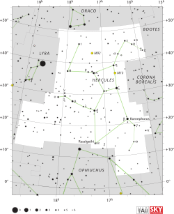 Diagram showing star positions and boundaries of the Hercules constellation and its surroundings