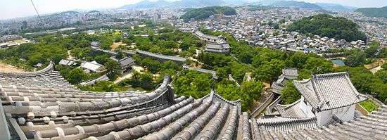 Panoramic photo of the castle grounds, with Himeji city in the background