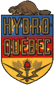 Hydro-Québec's old logo: the red, blue and yellow coat of arms of Quebec surmounted by a beaver and featuring the words HYDRO-QUEBEC in bold and two bolts of lightning