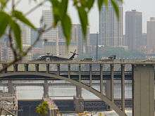 emergency landing of a helicopter on the 10th Avenue bridge seen from the bank amid green foliage