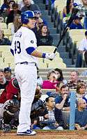 Trent Oeltjen wearing the Los Angeles Dodgers home uniform in 2011.